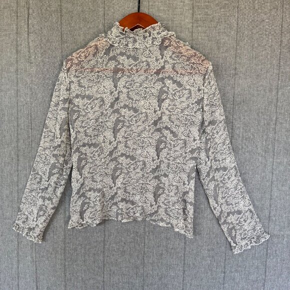 Vintage Y2K INC Silk Black White Lace Print Victorian Collar Long Sleeve Blouse - Picture 5 of 15